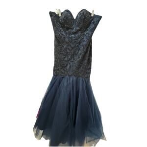 Alyce Paris Blue Beaded/chiffon Strapless Formal Gown Lace-Up Back, Sz 4